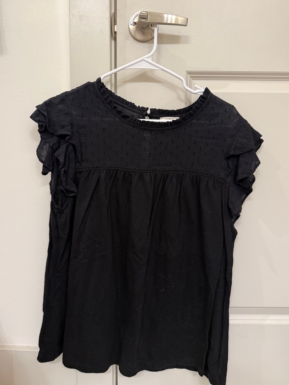 Fat Face Black Swiss Dot Ruffle Neck Top